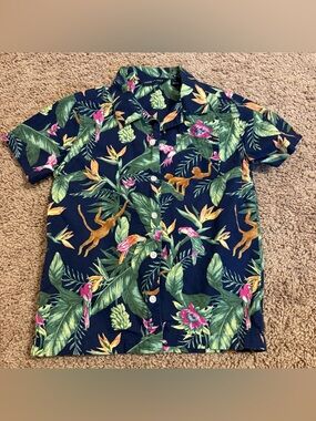 Janie & Jack size 5 boys Tropical Navy Hawaiian Shirt with Parrot & Monkey Print